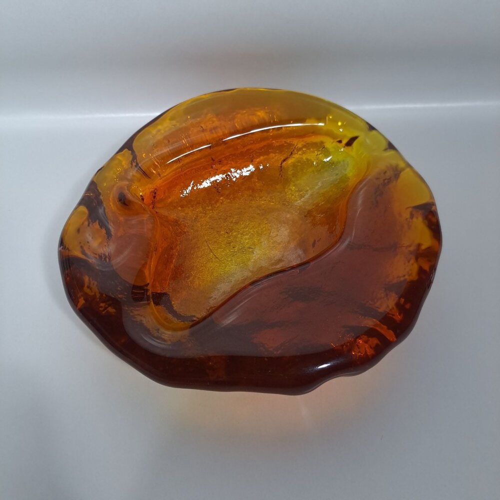 Blenko Free Form Ashtray 6.5"x 2"  Amber Art Glass Heavy Modernist Amoeba Blob